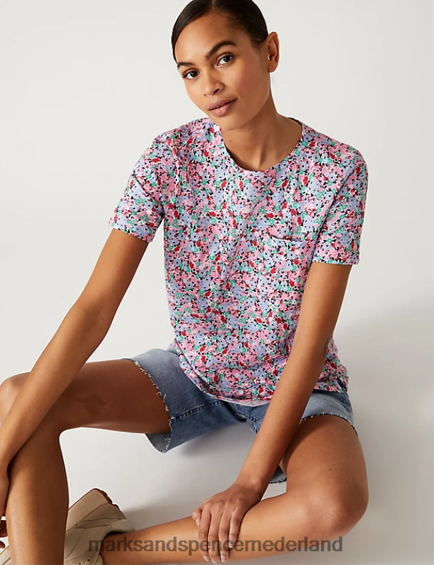 Marks & Spencer vrouwen T-shirt van puur katoen met print en zak blauw mengsel kleding N8VZP2682