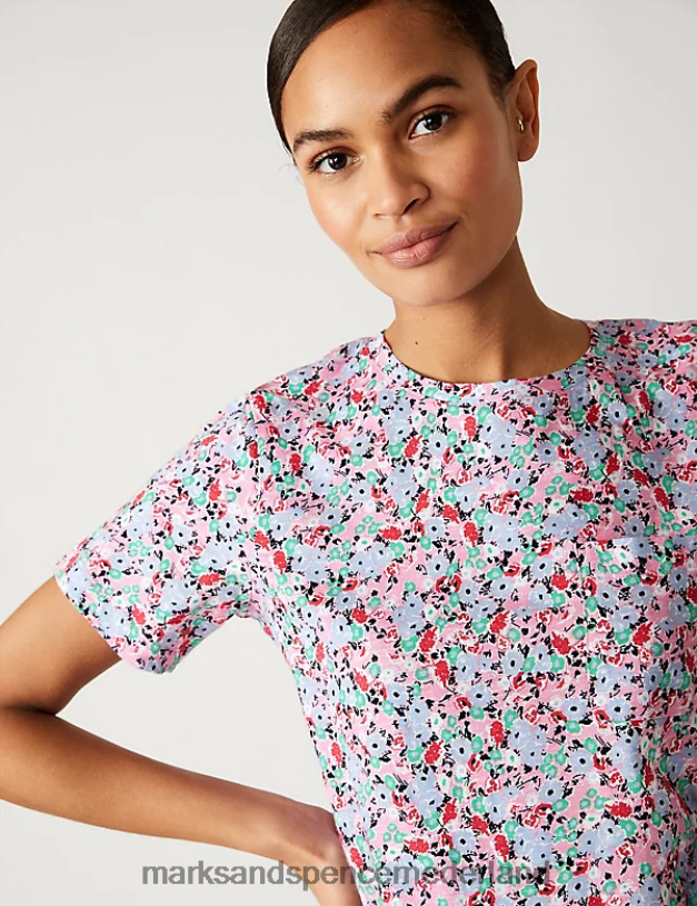 Marks & Spencer vrouwen T-shirt van puur katoen met print en zak blauw mengsel kleding N8VZP2682