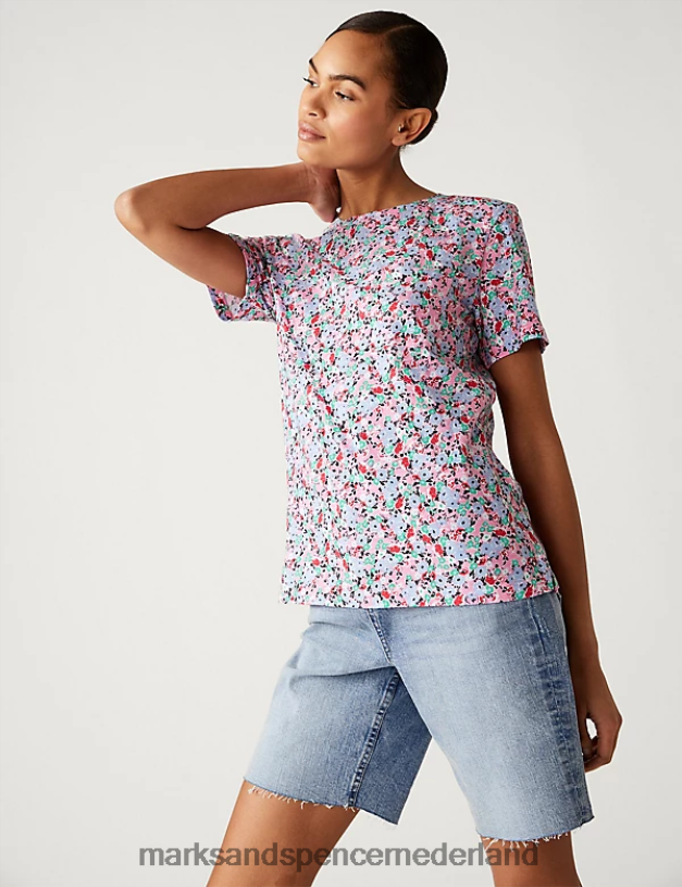 Marks & Spencer vrouwen T-shirt van puur katoen met print en zak blauw mengsel kleding N8VZP2682