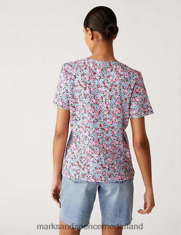 Marks & Spencer vrouwen T-shirt van puur katoen met print en zak blauw mengsel kleding N8VZP2682