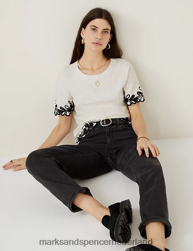 Marks & Spencer vrouwen geborduurd T-shirt van puur katoen ivoor kleding N8VZP3032