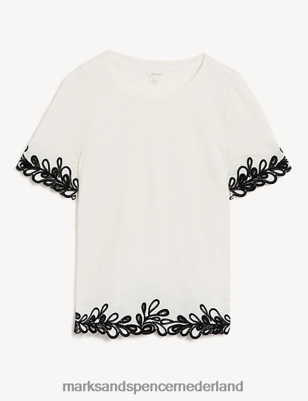 Marks & Spencer vrouwen geborduurd T-shirt van puur katoen ivoor kleding N8VZP3032