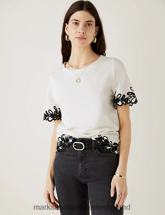 Marks & Spencer vrouwen geborduurd T-shirt van puur katoen ivoor kleding N8VZP3032