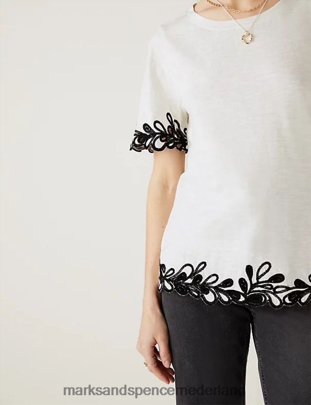 Marks & Spencer vrouwen geborduurd T-shirt van puur katoen ivoor kleding N8VZP3032