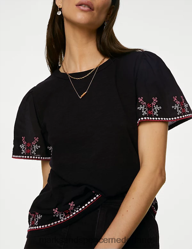 Marks & Spencer vrouwen geborduurd T-shirt van puur katoen zwarte mix kleding N8VZP3137