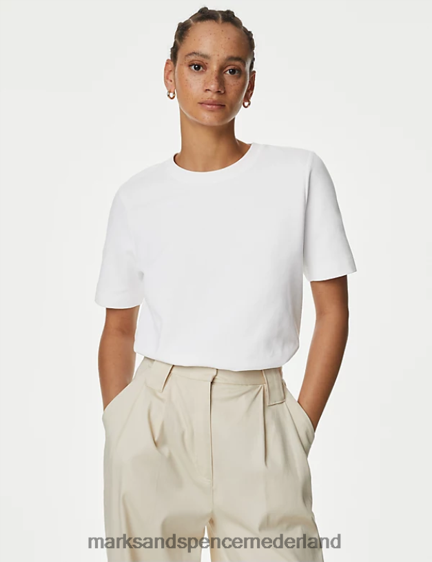 Marks & Spencer vrouwen katoenrijk T-shirt met ronde hals zacht wit kleding N8VZP286