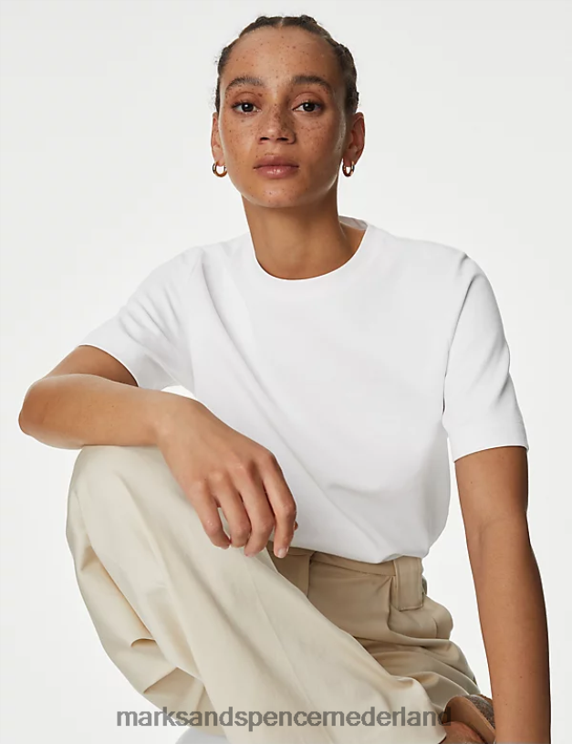 Marks & Spencer vrouwen katoenrijk T-shirt met ronde hals zacht wit kleding N8VZP286