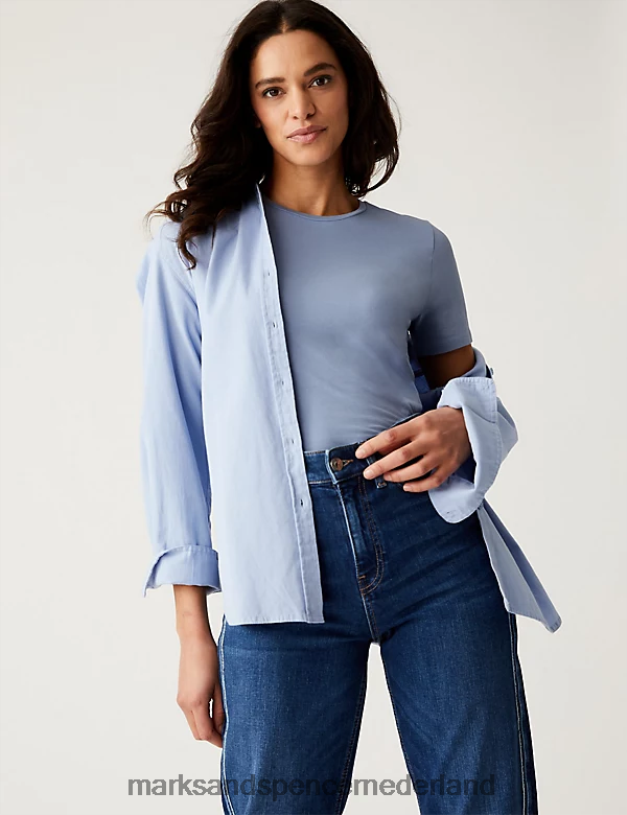 Marks & Spencer vrouwen katoenrijk slim-fit t-shirt middelblauw kleding N8VZP1469