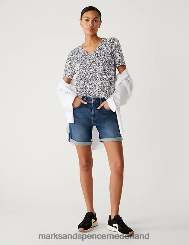 Marks & Spencer vrouwen relaxed lang T-shirt met print witte mix kleding N8VZP2328