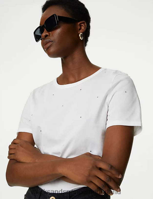 Marks & Spencer vrouwen verfraaid t-shirt van puur katoen zacht wit kleding N8VZP683