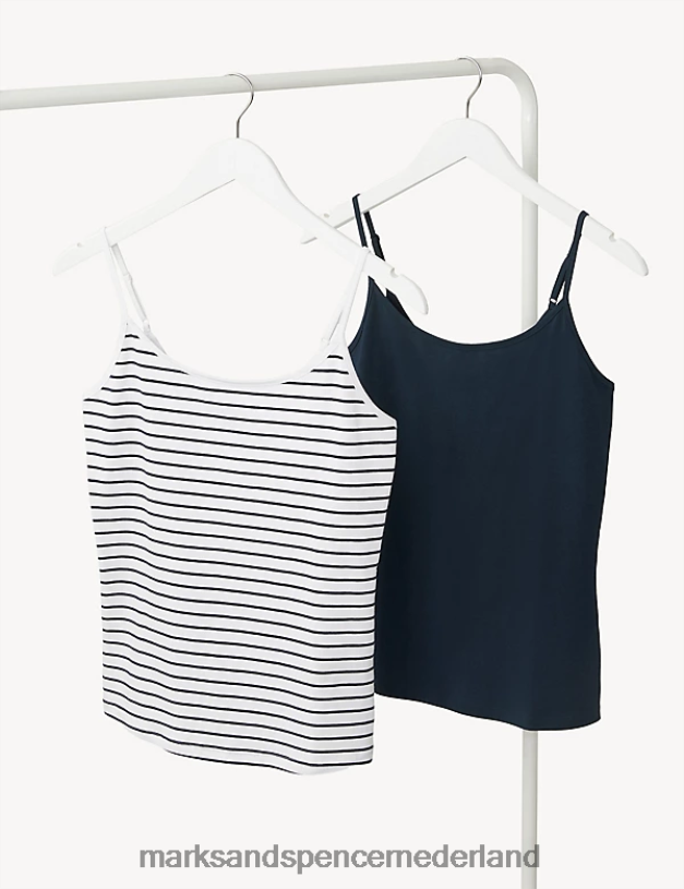 Marks & Spencer vrouwen 2 stuks katoenrijke slim-fit cami-tops marine mix kleding N8VZP3069