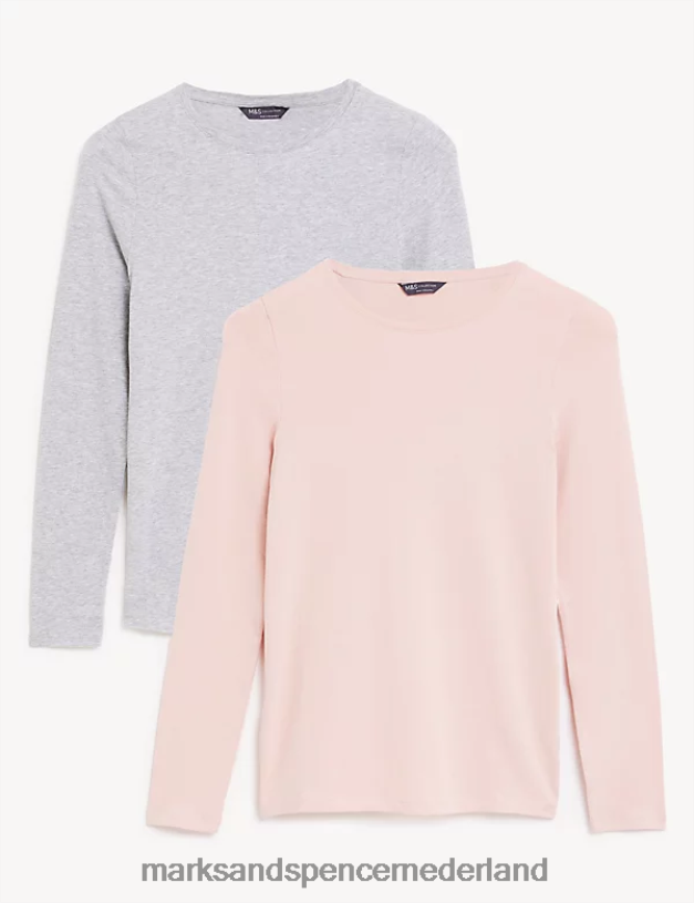 Marks & Spencer vrouwen 2 stuks katoenrijke slim-fit tops roze mix kleding N8VZP2934
