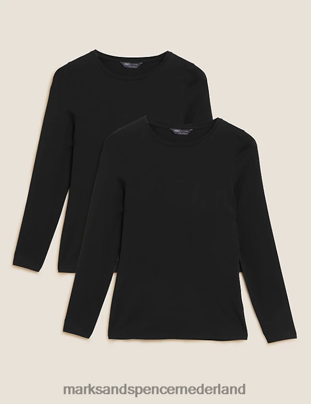 Marks & Spencer vrouwen 2 stuks katoenrijke slim-fit tops zwart kleding N8VZP3234