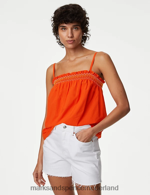 Marks & Spencer vrouwen Cami-topje van puur katoen met gesmokte details fel oranje kleding N8VZP2919
