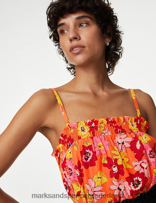 Marks & Spencer vrouwen Cami-topje van puur katoen met print en gesmokte details oranje mengsel kleding N8VZP2949