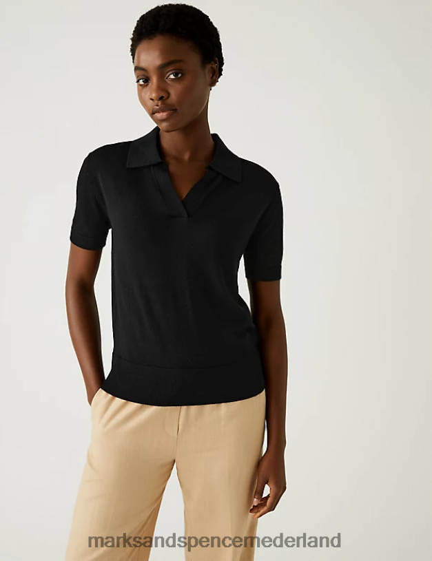 Marks & Spencer vrouwen Gebreide top met kraag van pure merinowol zwart kleding N8VZP1402