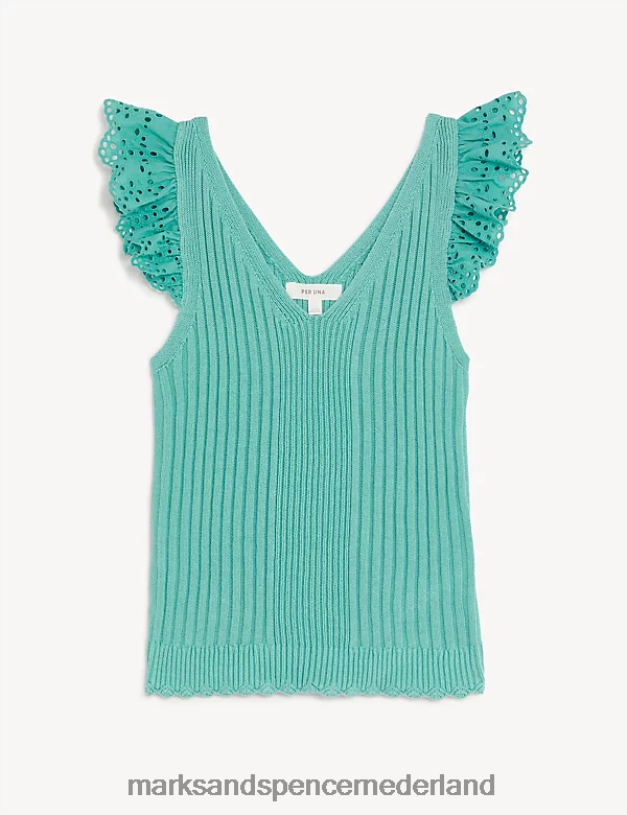 Marks & Spencer vrouwen Gebreide top van puur katoen met geribbelde ruches zee groen kleding N8VZP2110