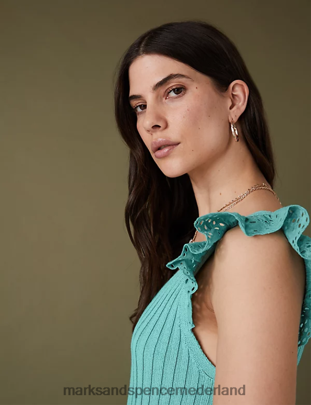 Marks & Spencer vrouwen Gebreide top van puur katoen met geribbelde ruches zee groen kleding N8VZP2110