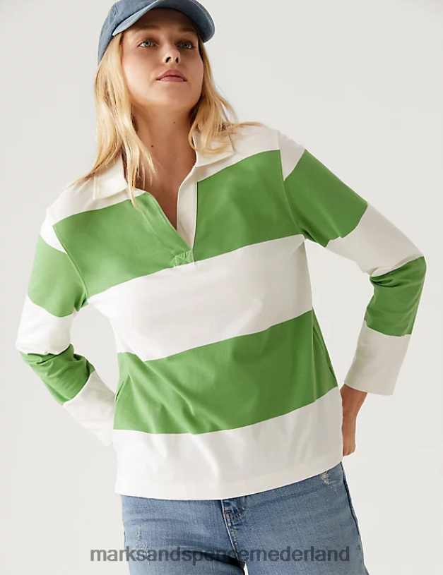 Marks & Spencer vrouwen Gestreept rugbytopje van puur katoen groene mix kleding N8VZP837