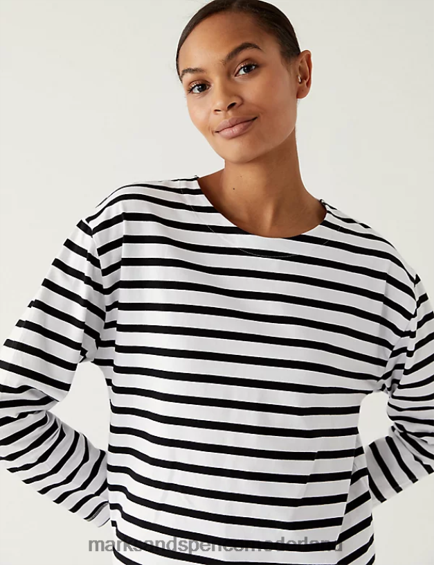 Marks & Spencer vrouwen Gestreept topje met ronde hals van puur katoen witte mix kleding N8VZP1256
