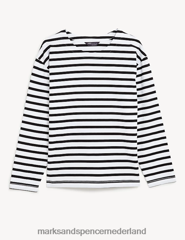 Marks & Spencer vrouwen Gestreept topje met ronde hals van puur katoen witte mix kleding N8VZP1256