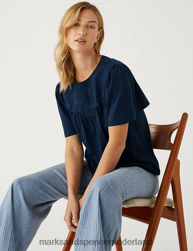 Marks & Spencer vrouwen Jersey geborduurde regular fit top marine kleding N8VZP1796