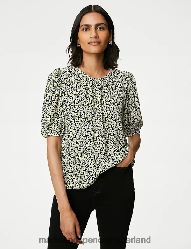 Marks & Spencer vrouwen bedrukte geplooide top ivoor mix kleding N8VZP121