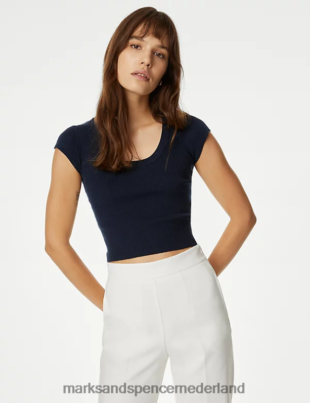Marks & Spencer vrouwen geribbelde cropped top met ronde hals donker marine kleding N8VZP1245