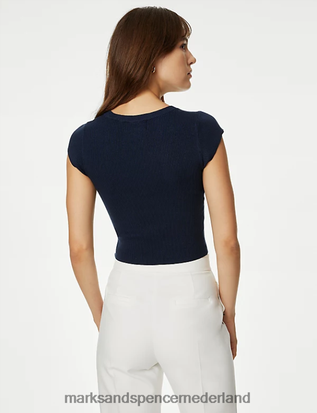 Marks & Spencer vrouwen geribbelde cropped top met ronde hals donker marine kleding N8VZP1245