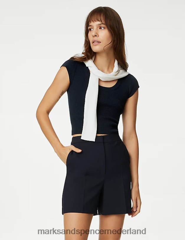 Marks & Spencer vrouwen geribbelde cropped top met ronde hals donker marine kleding N8VZP1245