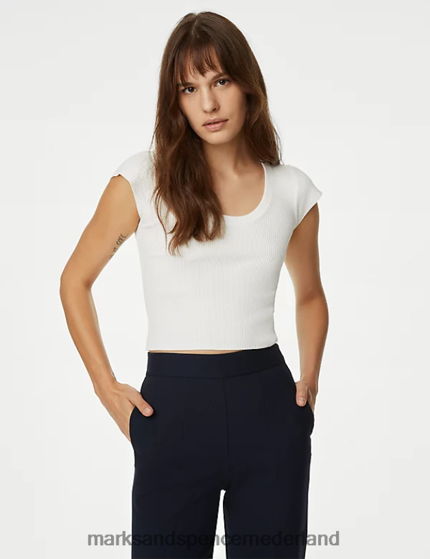Marks & Spencer vrouwen geribbelde cropped top met ronde hals ivoor kleding N8VZP876