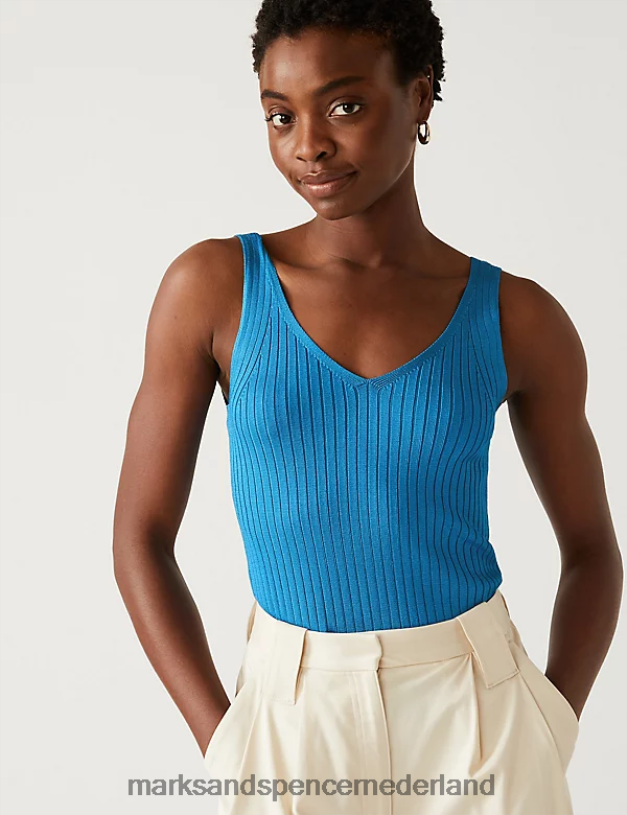 Marks & Spencer vrouwen geribd gebreid vest met V-hals lagune kleding N8VZP1611