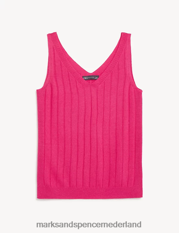 Marks & Spencer vrouwen geribd gebreid vest met v-hals en linnen fuchsia kleding N8VZP2385