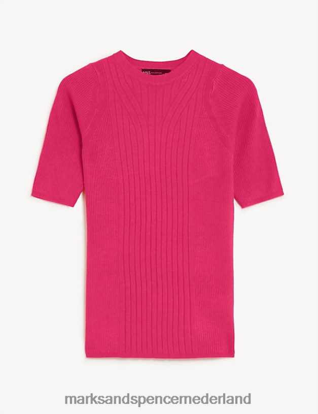 Marks & Spencer vrouwen geribde gebreide top met ronde hals fel roze kleding N8VZP415