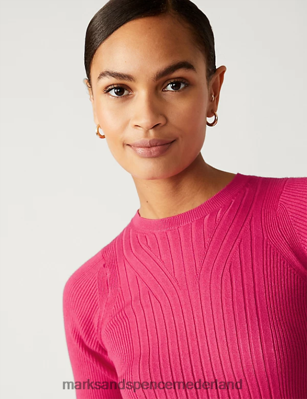 Marks & Spencer vrouwen geribde gebreide top met ronde hals fel roze kleding N8VZP415