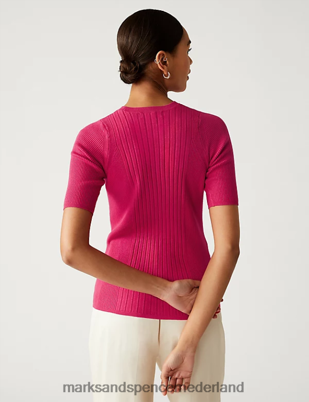 Marks & Spencer vrouwen geribde gebreide top met ronde hals fel roze kleding N8VZP415
