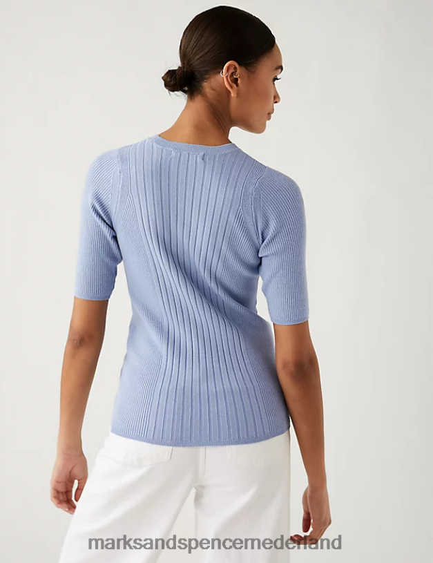 Marks & Spencer vrouwen geribde gebreide top met ronde hals middelblauw kleding N8VZP414