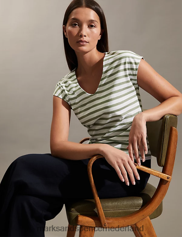 Marks & Spencer vrouwen jersey gestreept vesttopje khaki kleding N8VZP1484