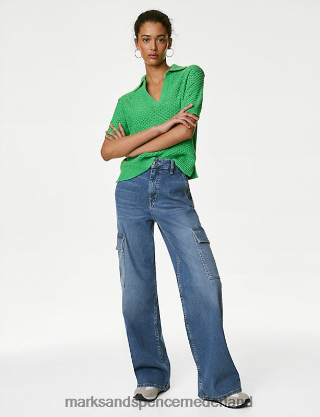 Marks & Spencer vrouwen katoenrijke gebreide top met kraag zuur groen kleding N8VZP346