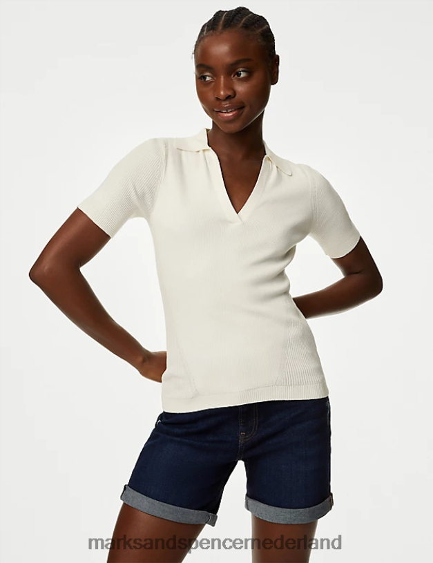 Marks & Spencer vrouwen katoenrijke, geribbelde gebreide top met kraag ivoor kleding N8VZP1278