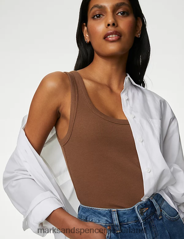 Marks & Spencer vrouwen katoenrijke, geribbelde slim-fit vesttop chocolade kleding N8VZP1185