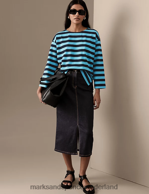 Marks & Spencer vrouwen katoenrijke gestreepte top turkoois mengsel kleding N8VZP2880