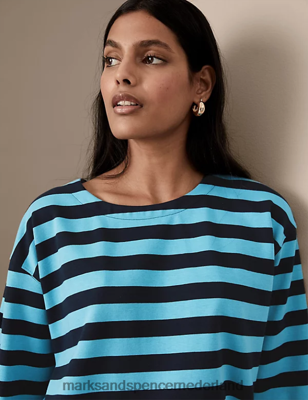 Marks & Spencer vrouwen katoenrijke gestreepte top turkoois mengsel kleding N8VZP2880