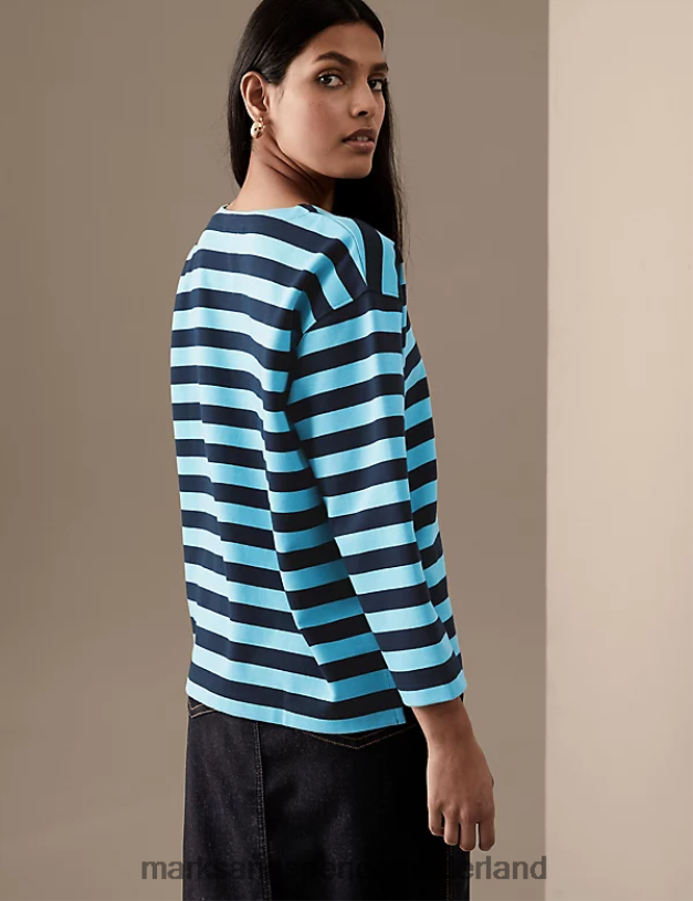 Marks & Spencer vrouwen katoenrijke gestreepte top turkoois mengsel kleding N8VZP2880