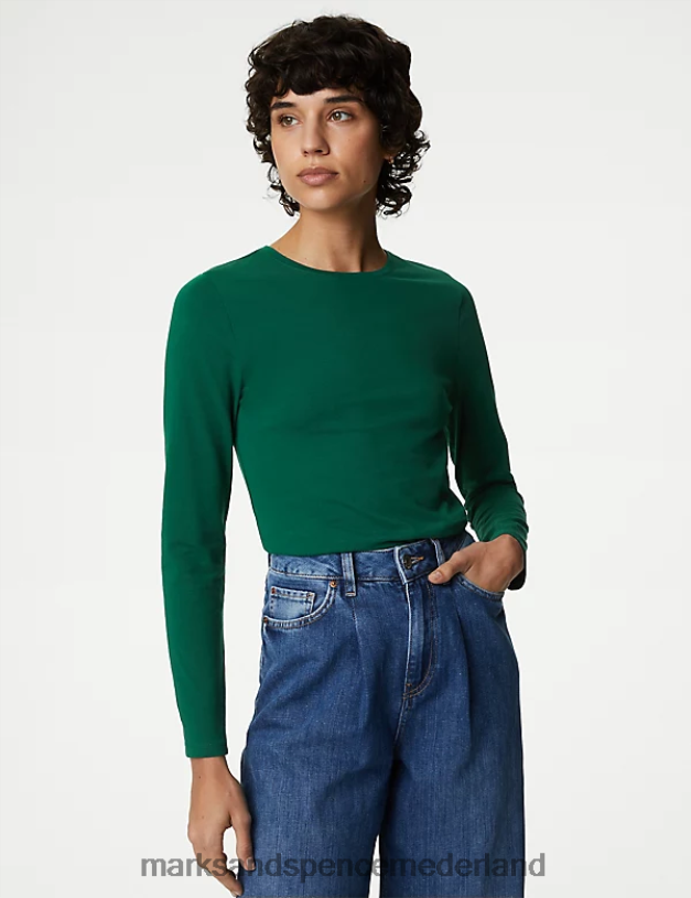 Marks & Spencer vrouwen katoenrijke slim-fit top dennengroen kleding N8VZP2697