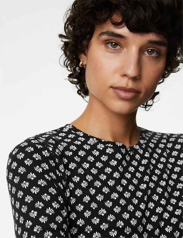 Marks & Spencer vrouwen katoenrijke slim-fit top met print zwarte mix kleding N8VZP2096