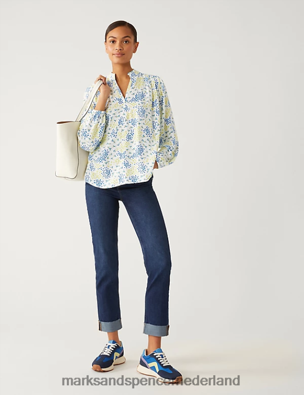 Marks & Spencer vrouwen popoverblouse met V-hals en bloemenprint geel mengsel kleding N8VZP1039