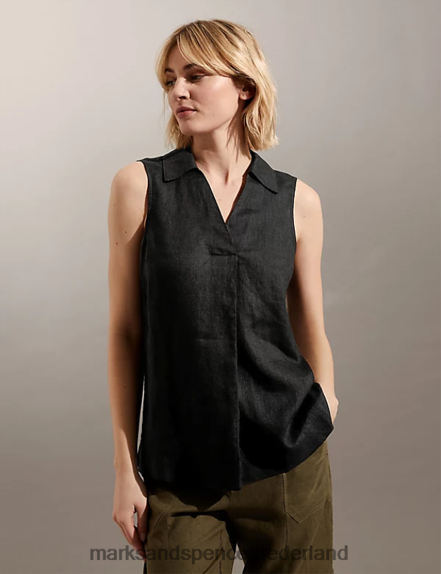 Marks & Spencer vrouwen puur linnen ontspannen shell-top zwart kleding N8VZP2067