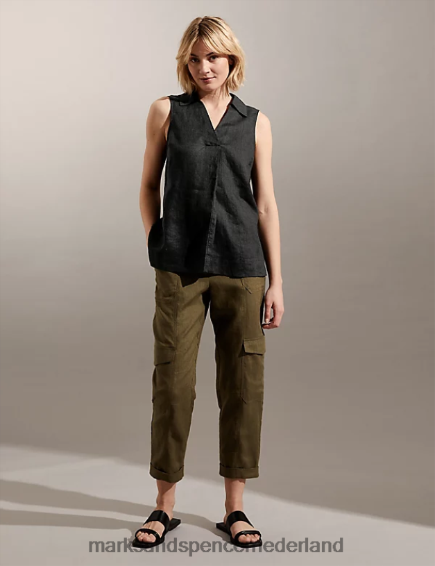 Marks & Spencer vrouwen puur linnen ontspannen shell-top zwart kleding N8VZP2067