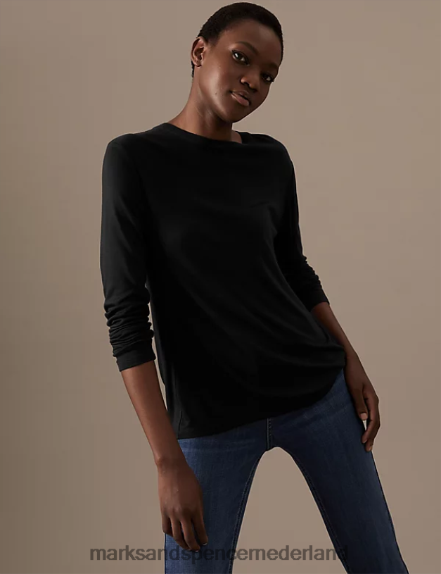 Marks & Spencer vrouwen top met ronde hals en lange mouwen zwart kleding N8VZP3147